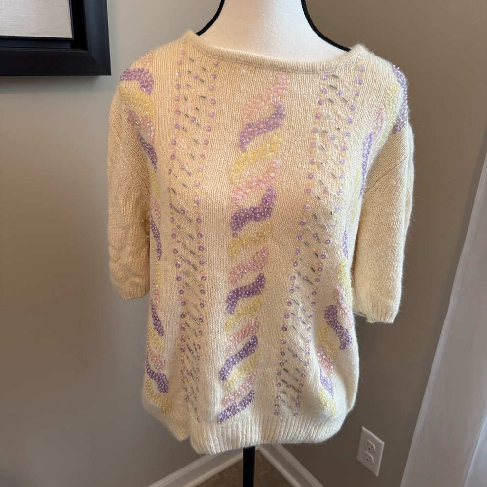Diana‎ Marco Vintage Beaded Angora Silk Sweater 1X 20W Pastel Short Sleeve HK